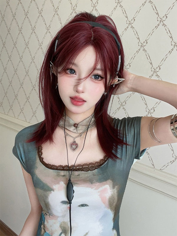 Reddish Brown Straight Synthetic Wig With Bangs