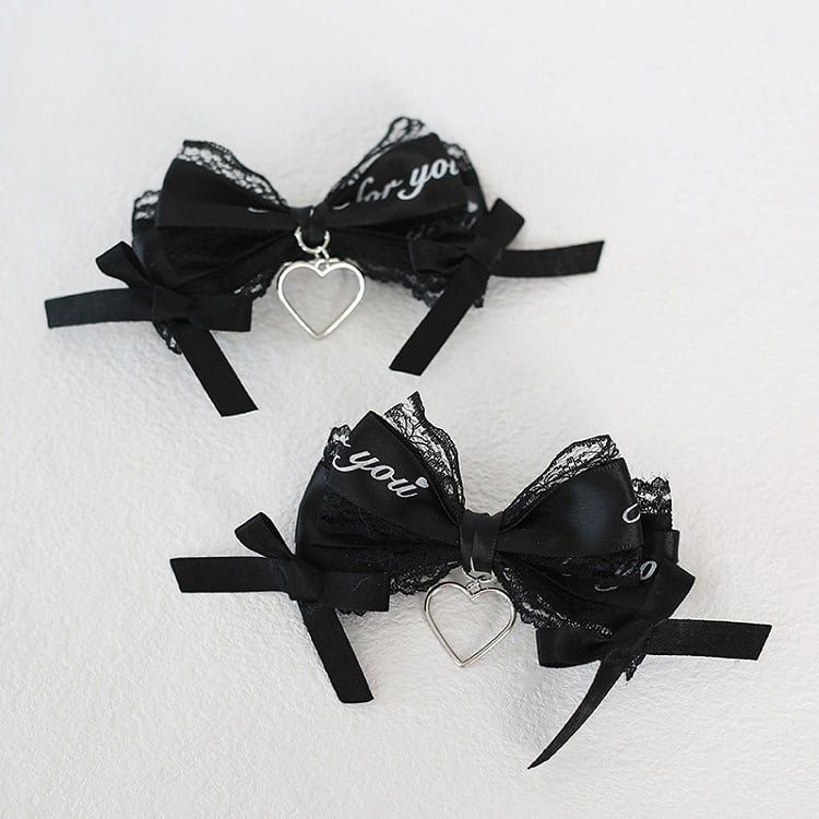 Jirai Kei Lace with Heart Bowknot Black Charm Hairclips