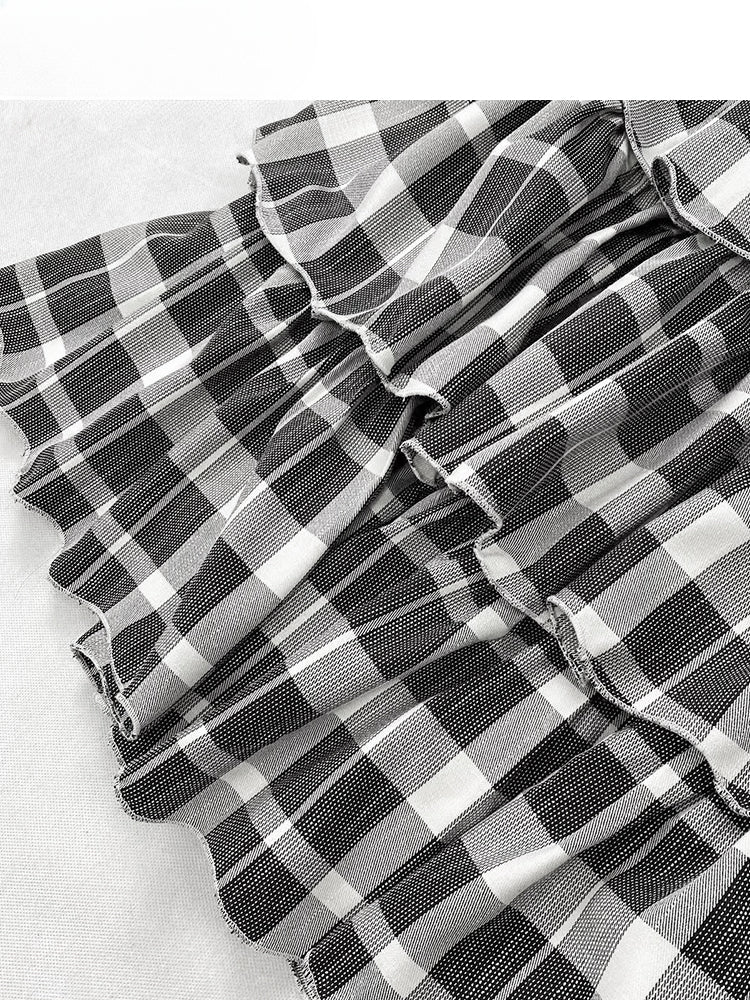 Y2K ブラック&ホワイト チェック柄 ハイウエスト 膝丈 グラマラス ティアードスカート