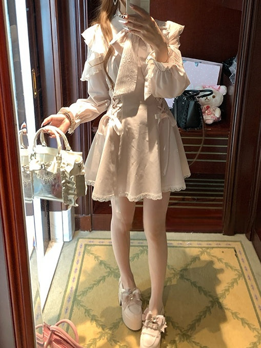 - Tie and Beige Polished Refined Neck Bow Ojou-sama Dress Shoulders Jirai Style Lace with Cutout Kei