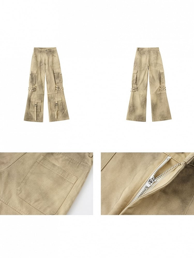 Punk Convertible Cargo Washed Capris Multi-Pockets Fashion Yellow Millard Pants with