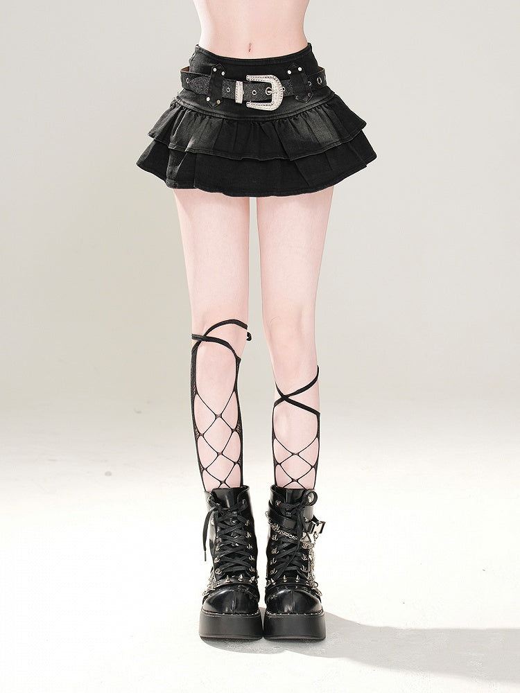 Free Tiered Skirt Belt Buckle Lined with Black Denim Glamorous