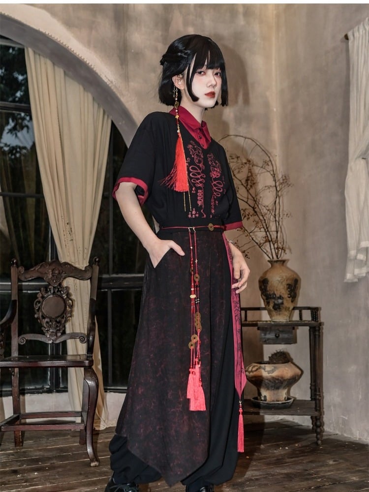 With Talisman Short-sleeve Gothic Fake Blouse Black Two-piece Chinese Print Red