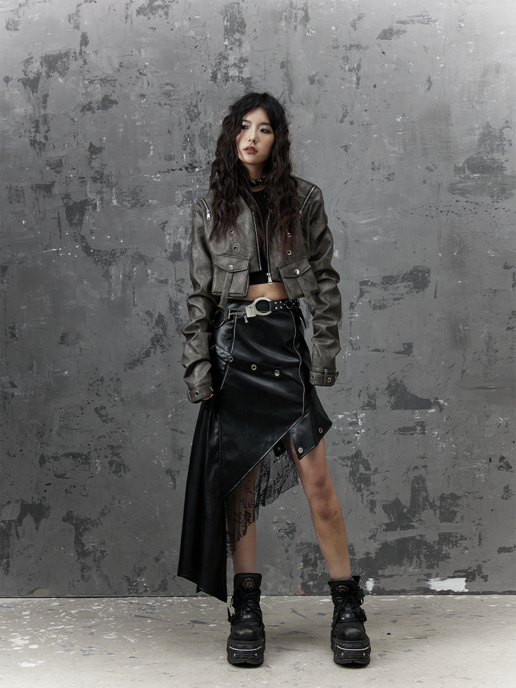 Punk Accent Gray Distressed Pocket - Jacket Cropped Dark Design