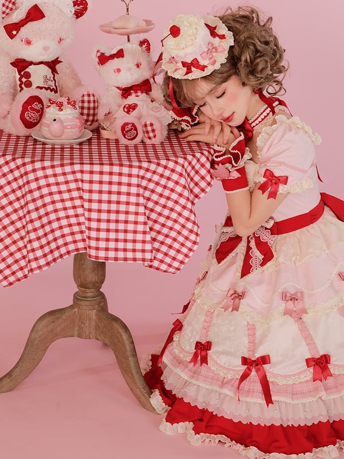 Puff Details Dress and Red Pink Lolita Sweet Bowknot Neckline Sleeves Square
