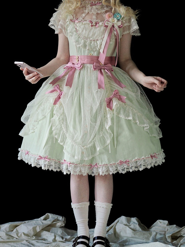 Elegant Version Green Classic Details with Bow Lolita Lace Dress Light and Short