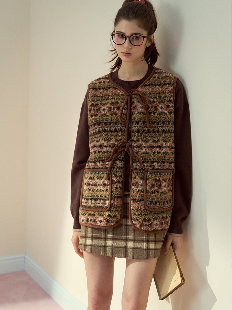 Brown Vintage with Double-Sided Bow Vest Design Pattern Fur Tie