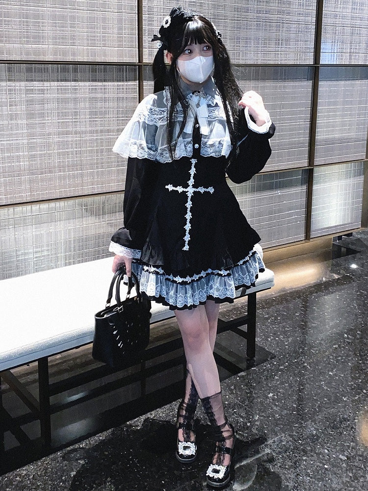 Skirt Rose Cross Landmine White/Black/Pink Embroidery Jirai Hem High Style Kei Lace Waist