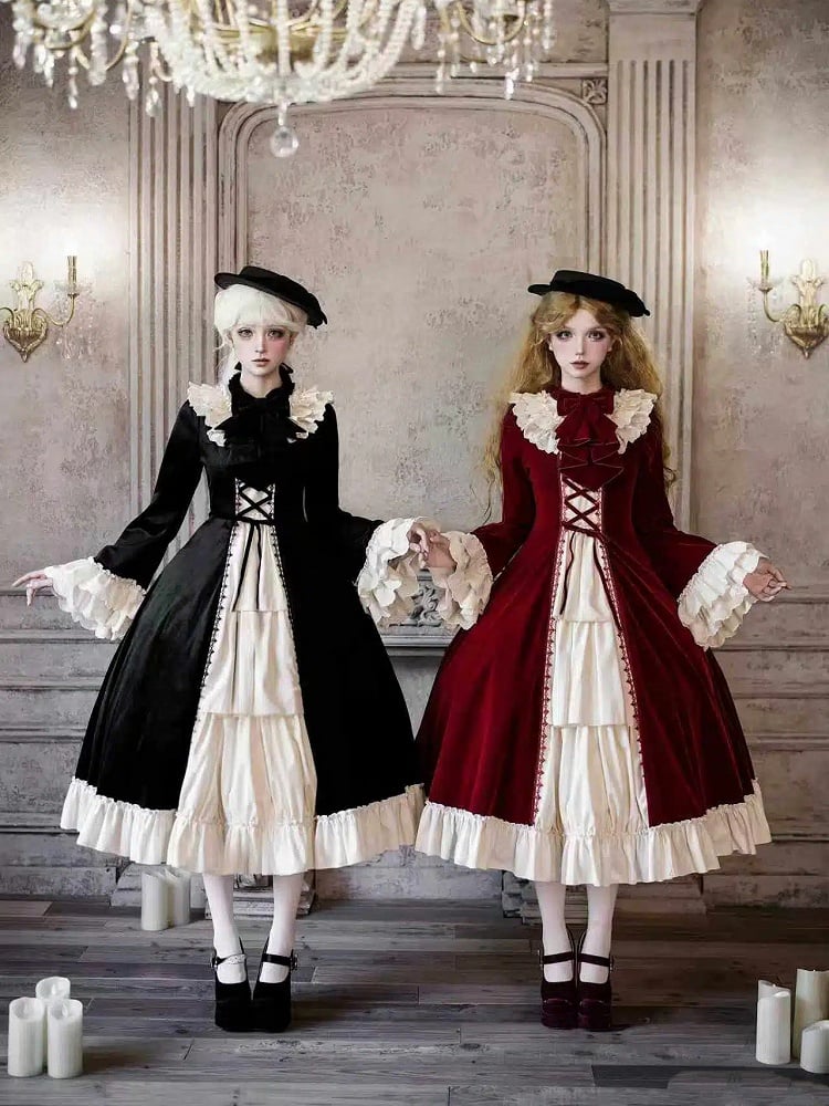 + Velvet Hairclip and Beige Bowtie Lolita OP Elegant Winter Bow Red Bell Sleeves