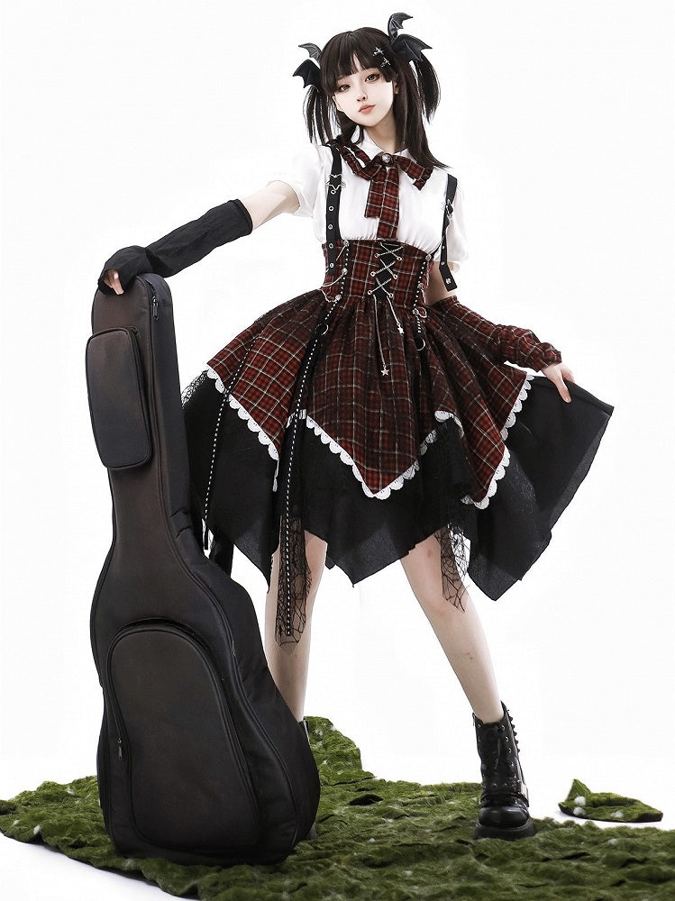 and Lolita Bow Plaid Puff-Sleeve Ruffles White with Blouse