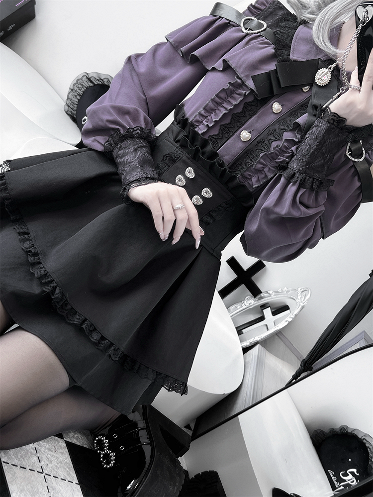 Purple Shoulder with Blouse: Dark Buckle Long Button Kei Heart Sleeve Jirai Front Cutout