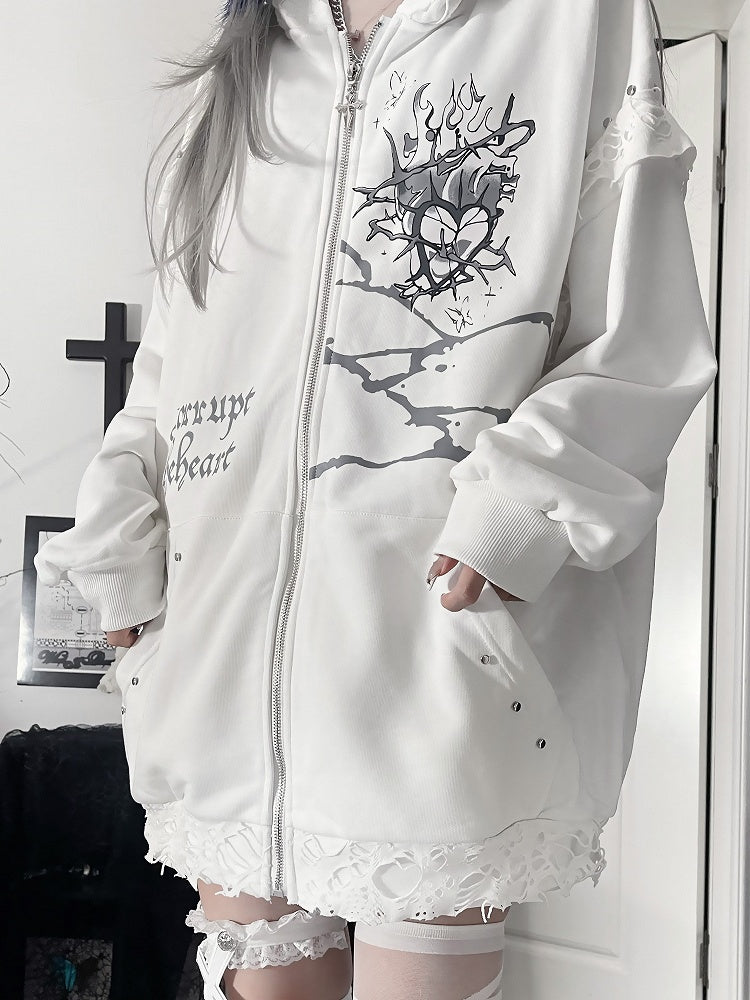 Jacketwith Ear Studded Cat White Zip-up Gray Hoodie HeartLetter Print