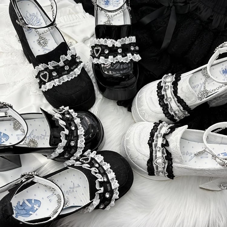 Heels: Jirai Chunky Lace with Black 12cm Heel Block Platform Kei