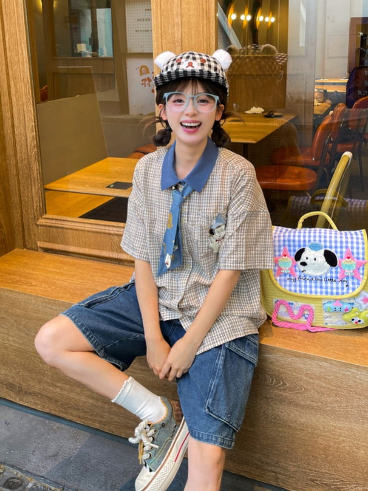 Adorable Puppy Embroidery Plaid Shirt with Tie Light Brown