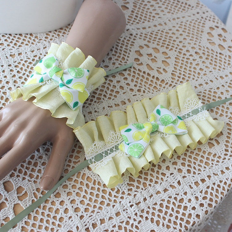 Wrist Bowknot Ruffled Cuffs Yellow with Print Lemon