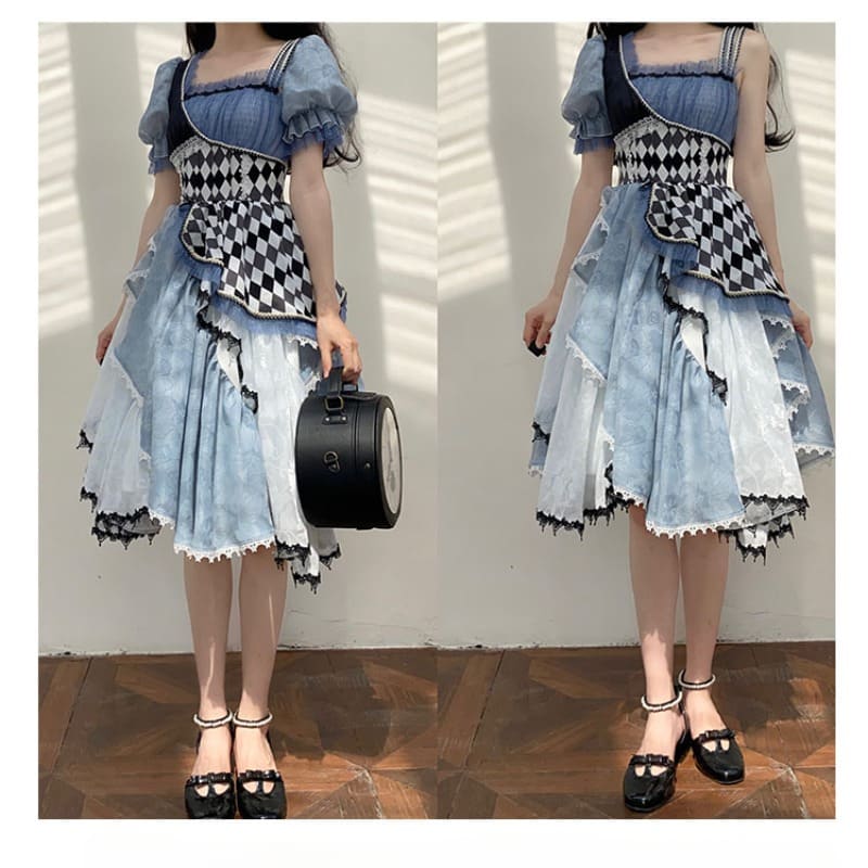 Blue Asymmetrical Checkerboard Lolita Dress Alice in Wonderland Vibes Long Version