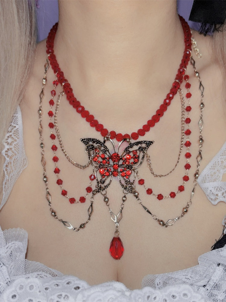 Gothic Red Bead and Butterfly Details Necklace