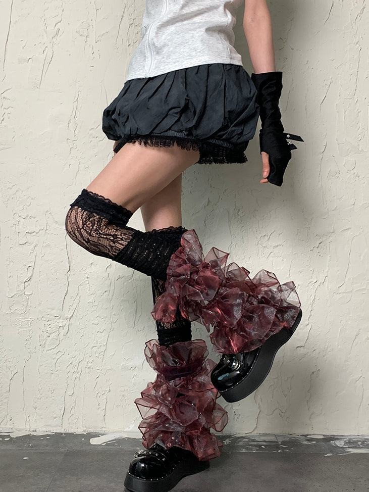 Y2K Lace Multi-layered BlackRed Sleeves Leg Trim