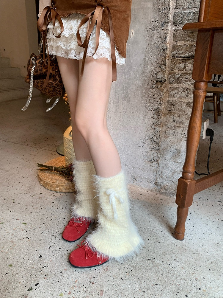 Fluffy Knit Bow Leg Warmers - Sweet Lolita Kawaii Accessory | LilyVow