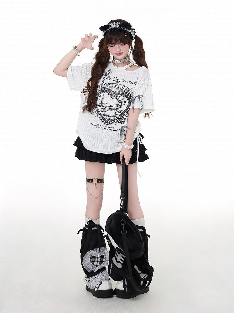 カットアウト Y2K ブラック/ホワイト ラウンドウエスト ネックディテール Tシャツ キティプリント ドローストリング
