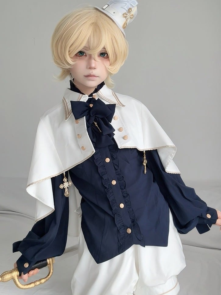 Ouji Lolita 4-Piece Set White Vest Blue Blouse Shorts & Bow - Castle Too