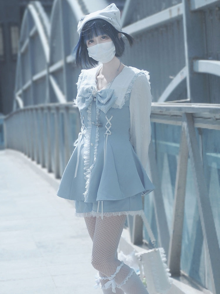 Lace Lace-up Sleeves Trim Light Decorated Details + Long Blue Shorts Kei Top Bowknot Outfit-Beaded Jirai