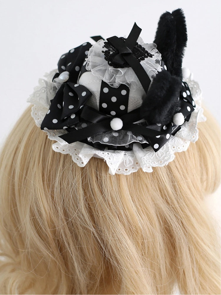 White Pom-Pom Dot Lolita - Bunny Hat Black Design Furry Ear Polka Mini