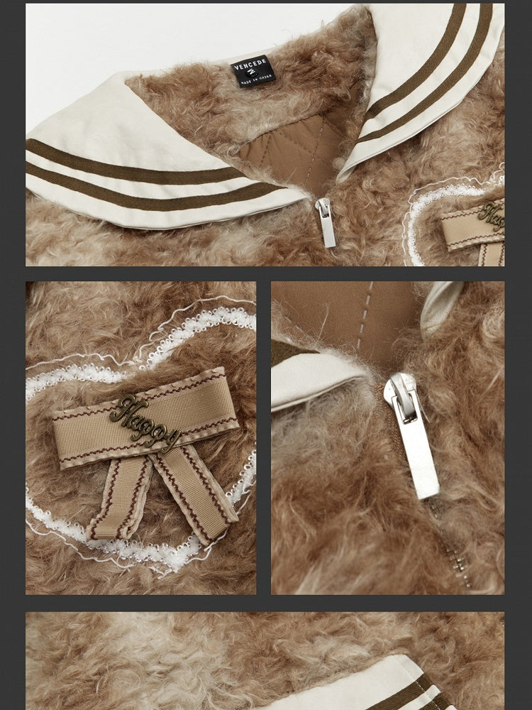 Black/Brown Sailor Collar Bowknot Details Fleece Jacket