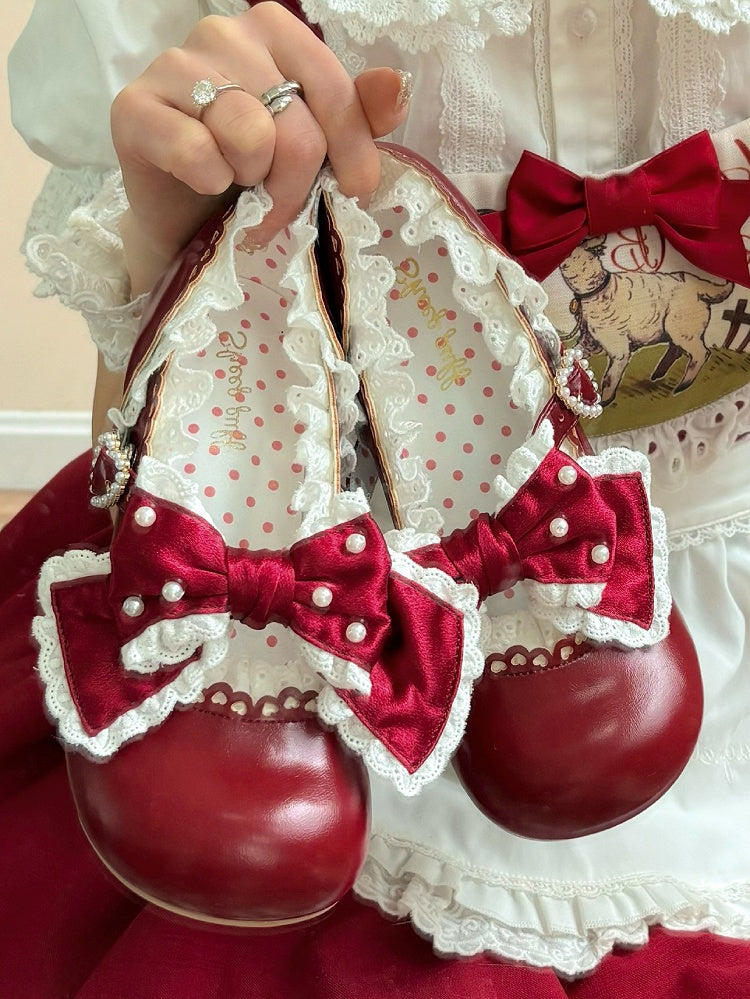 Embellished Bow Sweet Accent Red Leather PU Beads Trim Heels in Lace Mid