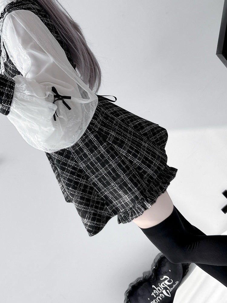 Minikleid mit Shorts und Schleife, abnehmbarer großer Jirai Kei, schwarz-weißer Tweed-Peter-Pan-Kragen