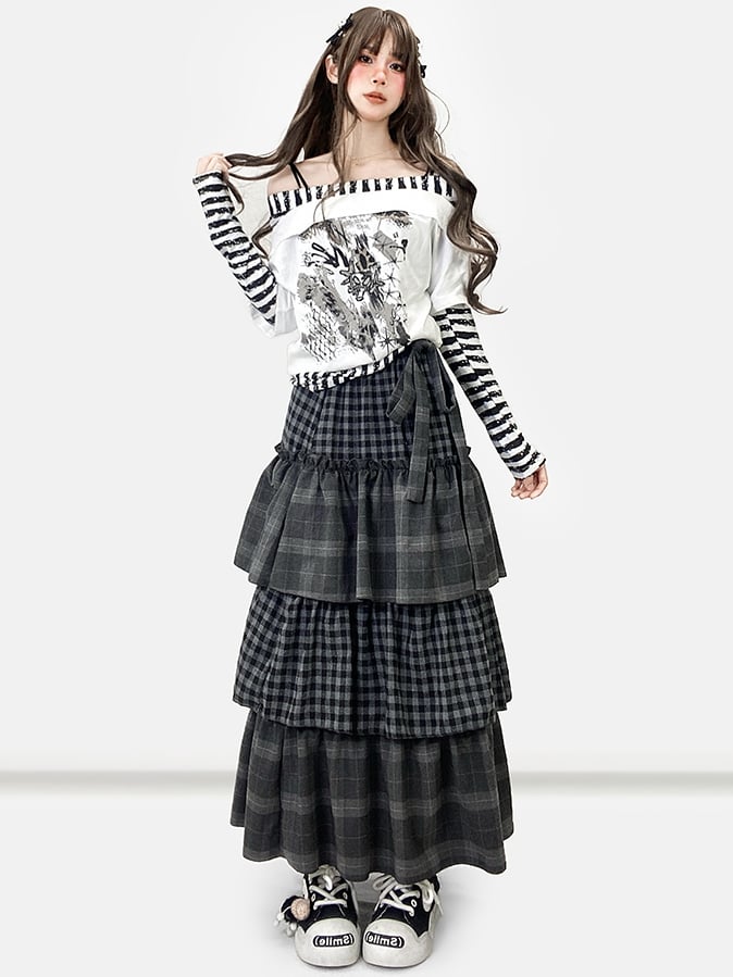 セルフタイダークストラップティアードチェックグレーパターンスカートビタースイート