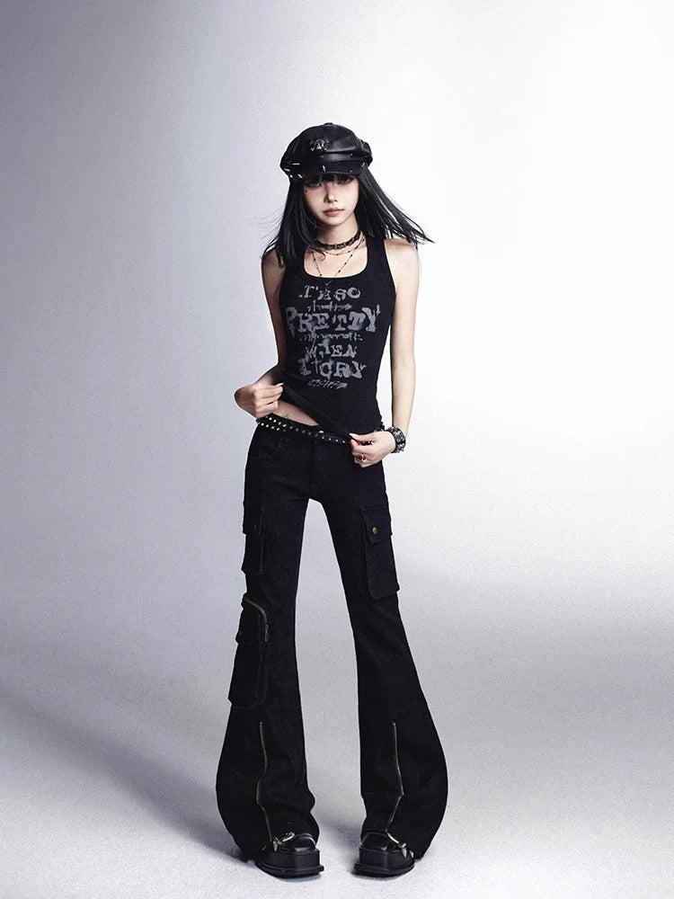 Schwarzes Vintage-Tanktop mit Buchstabendruck und schmaler Passform, glamourös