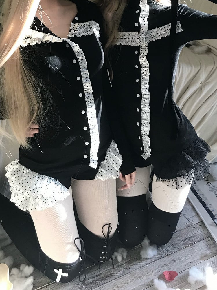 Black - Trim with Lace Shorts Pattern Polka-dot Gothic Layered