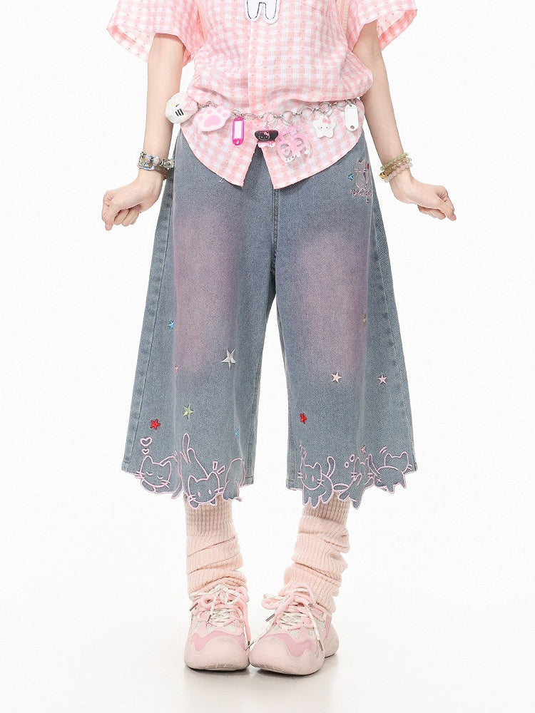 Daily Kawaii Light Blue Kitty & Star Embroidery Wide-Leg Cropped Jeans - Languid Park