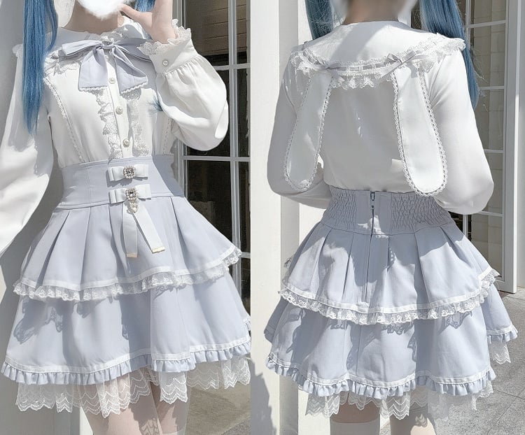 Trim Blouse Bow with Sleeve White Bunny-Ear Back Jirai Blue Kei Detail Lace Collar Long Light