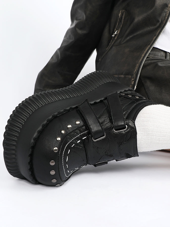 Black Velcro Strap with Design Details Studded Platform Closures - Shoes Punk