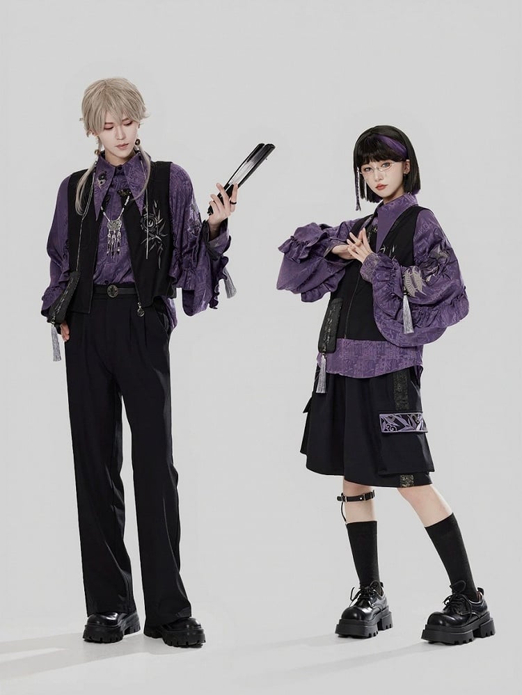 Sleeves Style Unisex with Shirt Flounce and Embroidery Chinese Purple