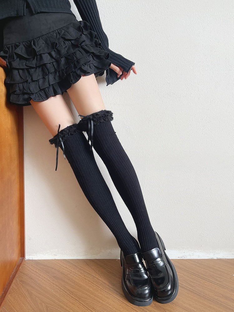 Plush Trim with Stockings Decorations Vertical Double-Layer Bow White/Black Striped Creamy Curly Pattern