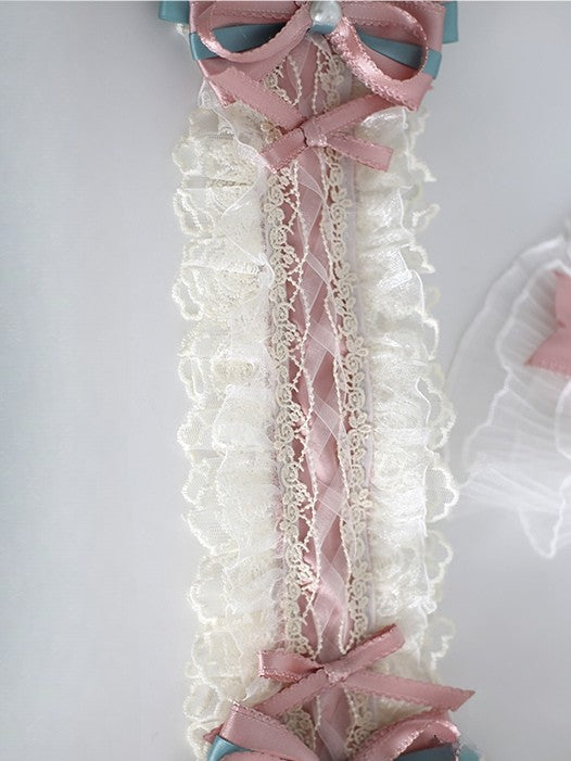 Hairband Sweet PinkBlue Decorated Beaded Clips With Ruffled Lolita Bowknot Details
