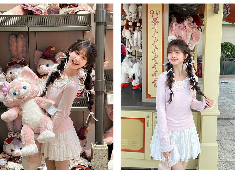 Rosafarbenes Slim-Fit-Top mit Rundhalsausschnitt und Spitzenbesatz