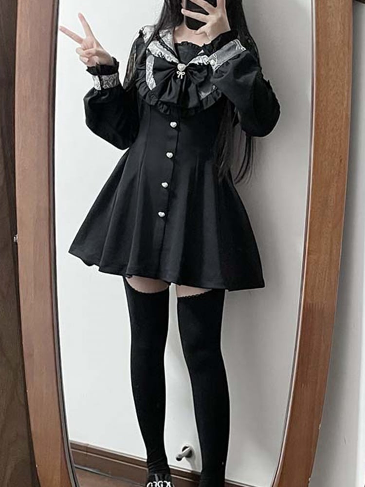 ブラックホワイト ジライケイ セットセーラーカラー スイートハートボタン留めトップス