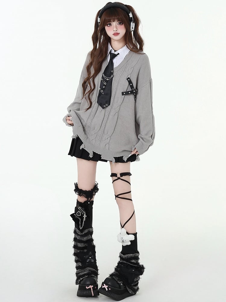 ディストレストリムフェイクツーピースプレッピーセーター(フリータイ付き)