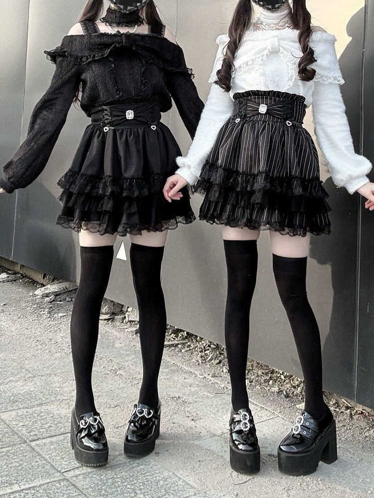 Bow Colors 3 Trim Kei Rhinestone with Decor Jirai Lace Skirt