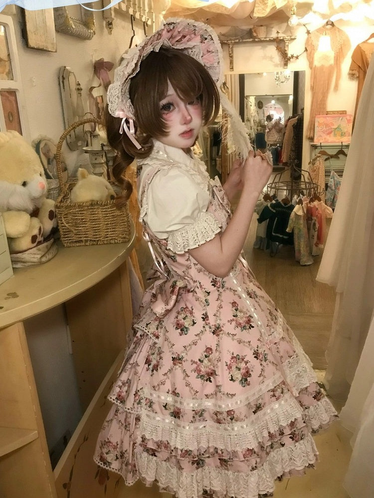 Pink Floral Cotton JSK Dress with Snowfall Motif and Sweet Lolita Style
