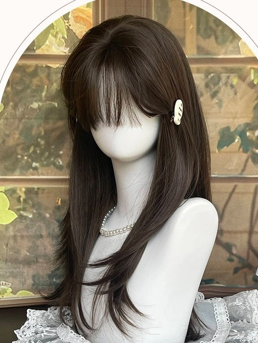 ブラウンのロングストレート合成ウィッグ(前髪付き)