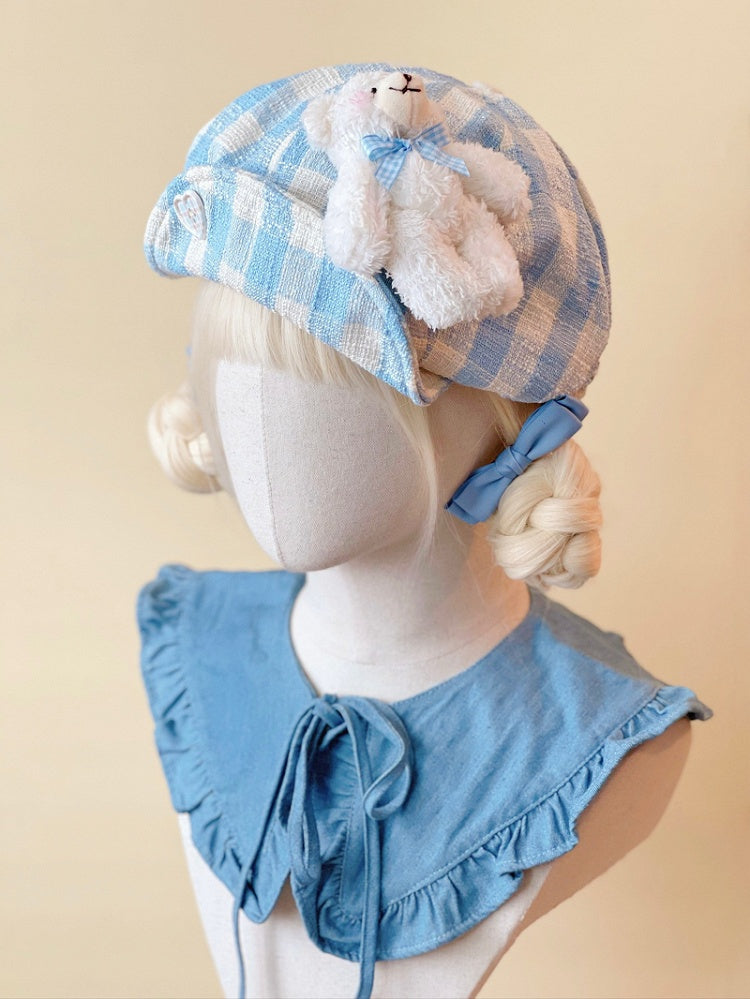 Doll Button Beret Mini Plaid Hat Bear White with Heart-Shaped Blue
