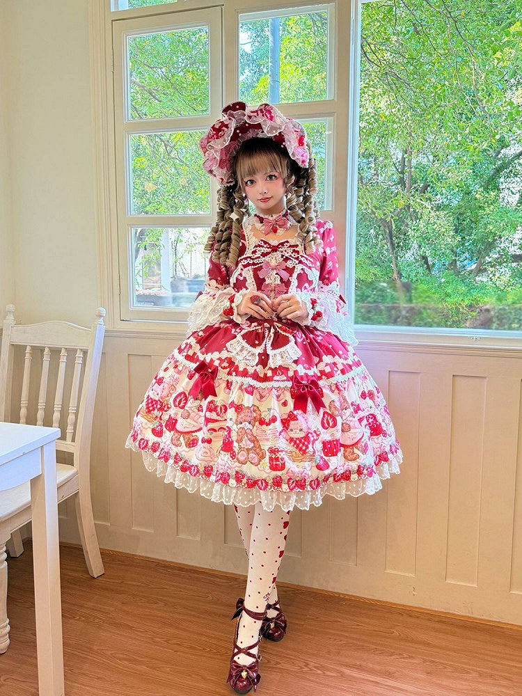 Red Bell Sleeves Sweet Lolita OP Dress with Teddy and Cake Print - Miss Han