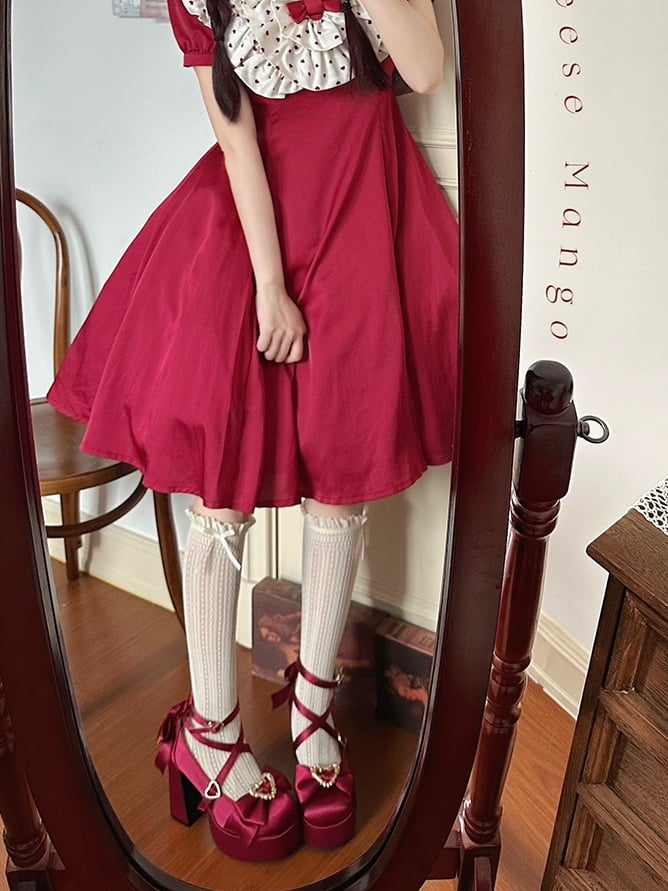Heart Delicate High Janes Bow Sweet Mary Platform - Lolita Heel Heart-Embellished Buckles Block with Red