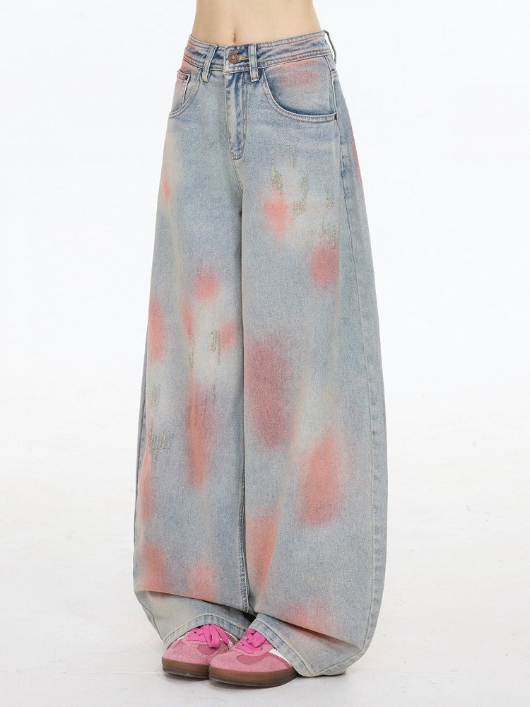 Casual Kawaii Wide-Leg Jeans with Pink Spray Print