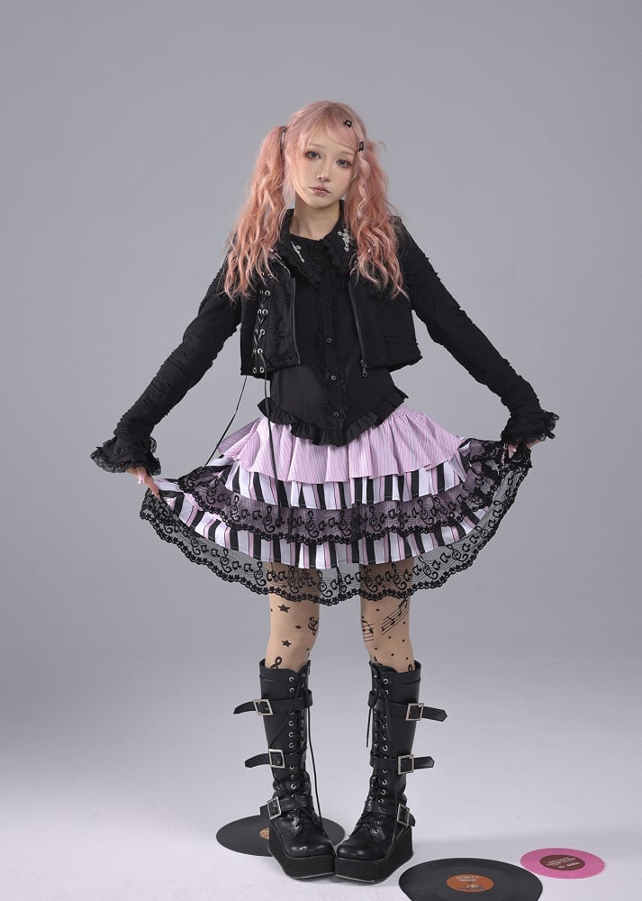 Hime Gyaru Tiered Pink & Black Striped Skirt with Musical Note Embroidered Lace Hem
